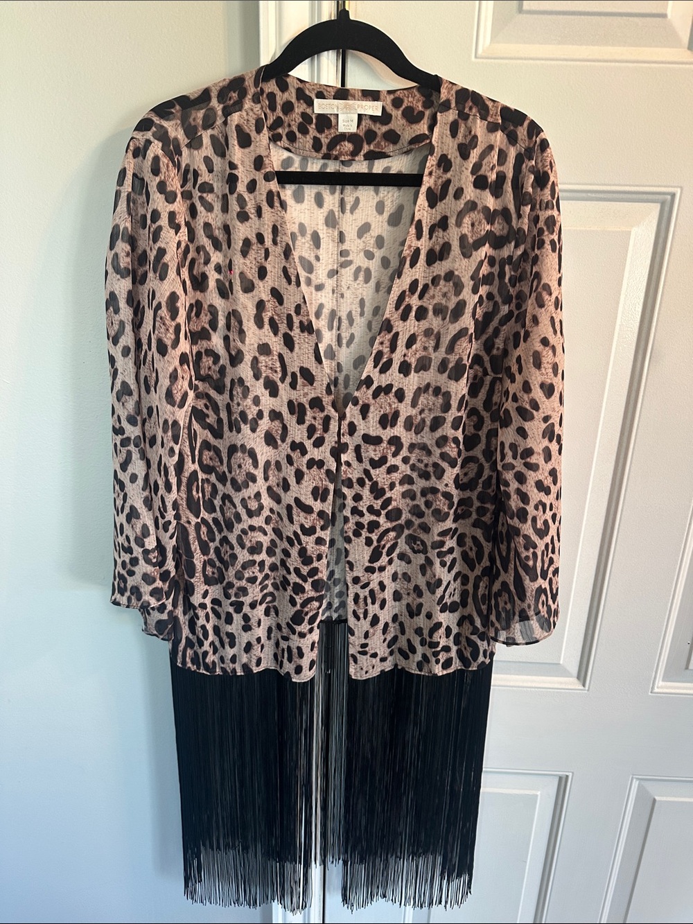Boston Proper Cream and Black Leopard Print Fringe Hem Blouse